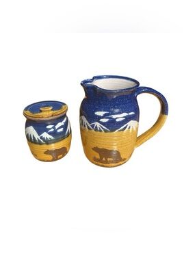Set Of 2 MONTANA EARTH POTTERY Glacier HANDMADE VINTAGE pitcher And  Honey Jar